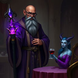 A tall, bald dark brown-skinned wizard wearing fine purple and gold robes stands confidently in a dimly lit room
