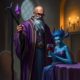 A tall, bald dark brown-skinned wizard wearing fine purple and gold robes stands confidently in a dimly lit room