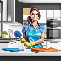 A high-quality, vertical banner featuring a realistic digital art of an attractive woman cleaning a modern kitchen with a microfiber cloth