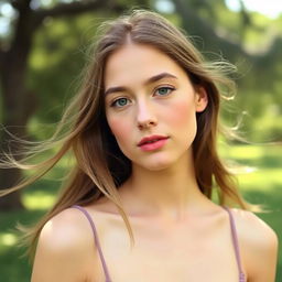 A 27-year-old woman with a natural style and light skin, featuring minimal makeup