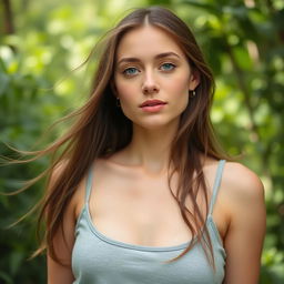 A 27-year-old woman with a natural style and light skin, featuring minimal makeup