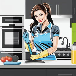 A high-quality, vertical banner featuring a realistic digital art of an attractive woman cleaning a modern kitchen with a microfiber cloth