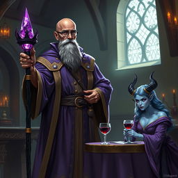 A tall, bald dark brown-skinned wizard dressed in fine purple and gold robes stands prominently in a dimly lit medieval room