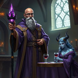 A tall, bald dark brown-skinned wizard dressed in fine purple and gold robes stands prominently in a dimly lit medieval room