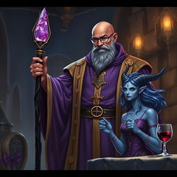 A tall, bald dark brown-skinned wizard dressed in fine purple and gold robes stands prominently in a dimly lit medieval room