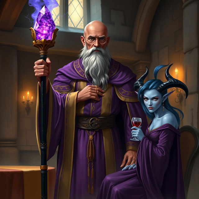 A tall, bald dark brown-skinned wizard dressed in fine purple and gold robes stands prominently in a dimly lit medieval room