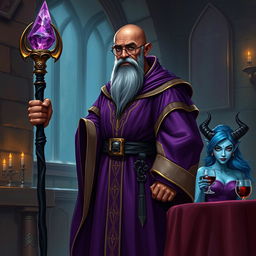 A tall, bald dark brown-skinned wizard dressed in fine purple and gold robes stands prominently in a dimly lit medieval room