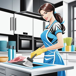 A high-quality, vertical banner featuring a realistic digital art of an attractive woman cleaning a modern kitchen with a microfiber cloth