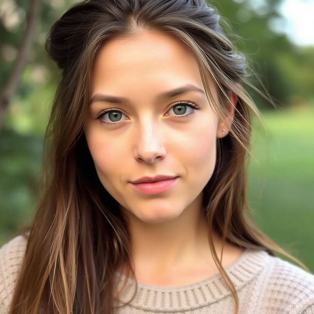 A 27-year-old woman with a natural style and light skin, featuring minimal makeup