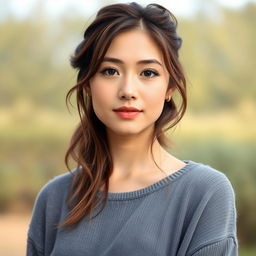 A 27-year-old woman with a natural style and light skin, featuring minimal makeup