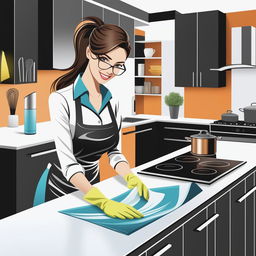 A high-quality, vertical banner featuring a realistic digital art of an attractive woman cleaning a modern kitchen with a microfiber cloth