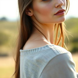 A 27-year-old woman with a natural style and light skin, showcasing minimal makeup