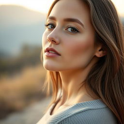 A 27-year-old woman with a natural style and light skin, showcasing minimal makeup
