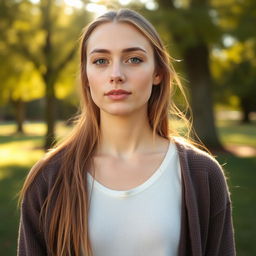 A 27-year-old woman with a natural style and light skin, showcasing minimal makeup