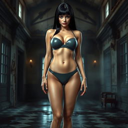 A full body portrait of a confident girl with sleek black hair, prominently positioned in the center of the image