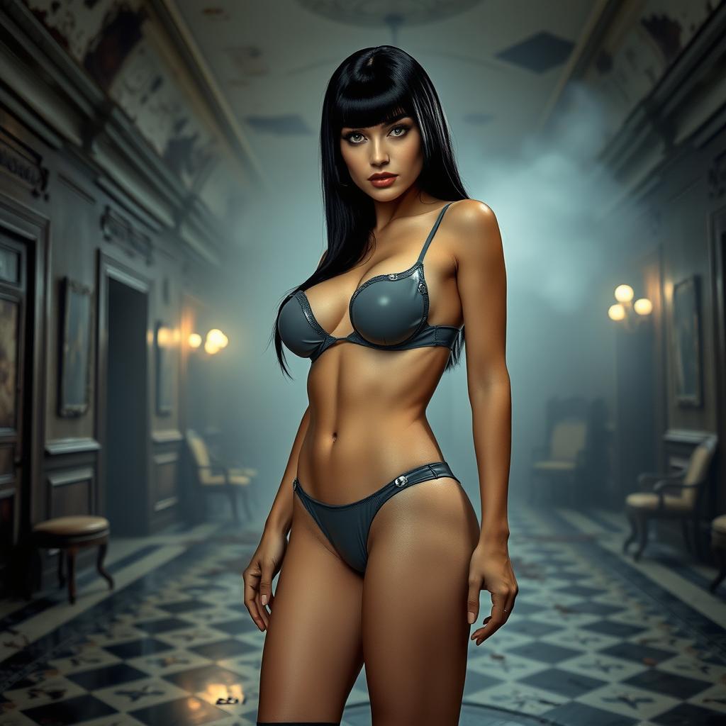 A full body portrait of a confident girl with sleek black hair, prominently positioned in the center of the image