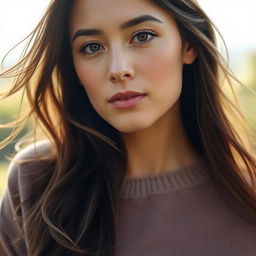 A 30-year-old woman with a natural style and light skin, showcasing minimal makeup