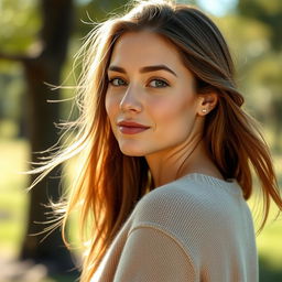A 30-year-old woman with a natural style and light skin, showcasing minimal makeup