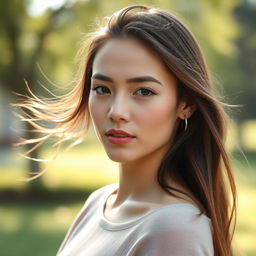 A 30-year-old woman with a natural style and light skin, showcasing minimal makeup