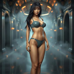 A full body portrait of a striking girl with sleek black hair, prominently positioned in the center of the image
