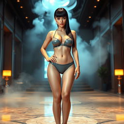 A full body portrait of a striking girl with sleek black hair, prominently positioned in the center of the image