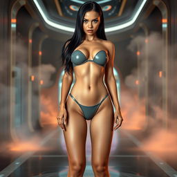 A full body portrait of a striking girl with sleek black hair, prominently positioned in the center of the image