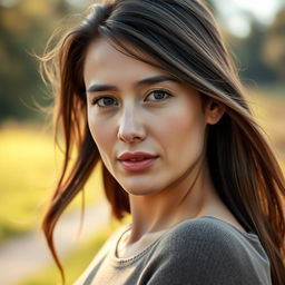 A 33-year-old woman with a natural style and light skin, featuring minimal makeup
