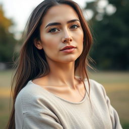 A 33-year-old woman with a natural style and light skin, showcasing minimal makeup