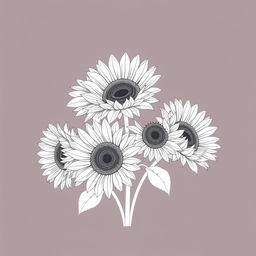 An illustration of a bouquet of five sunflowers, finely outlined