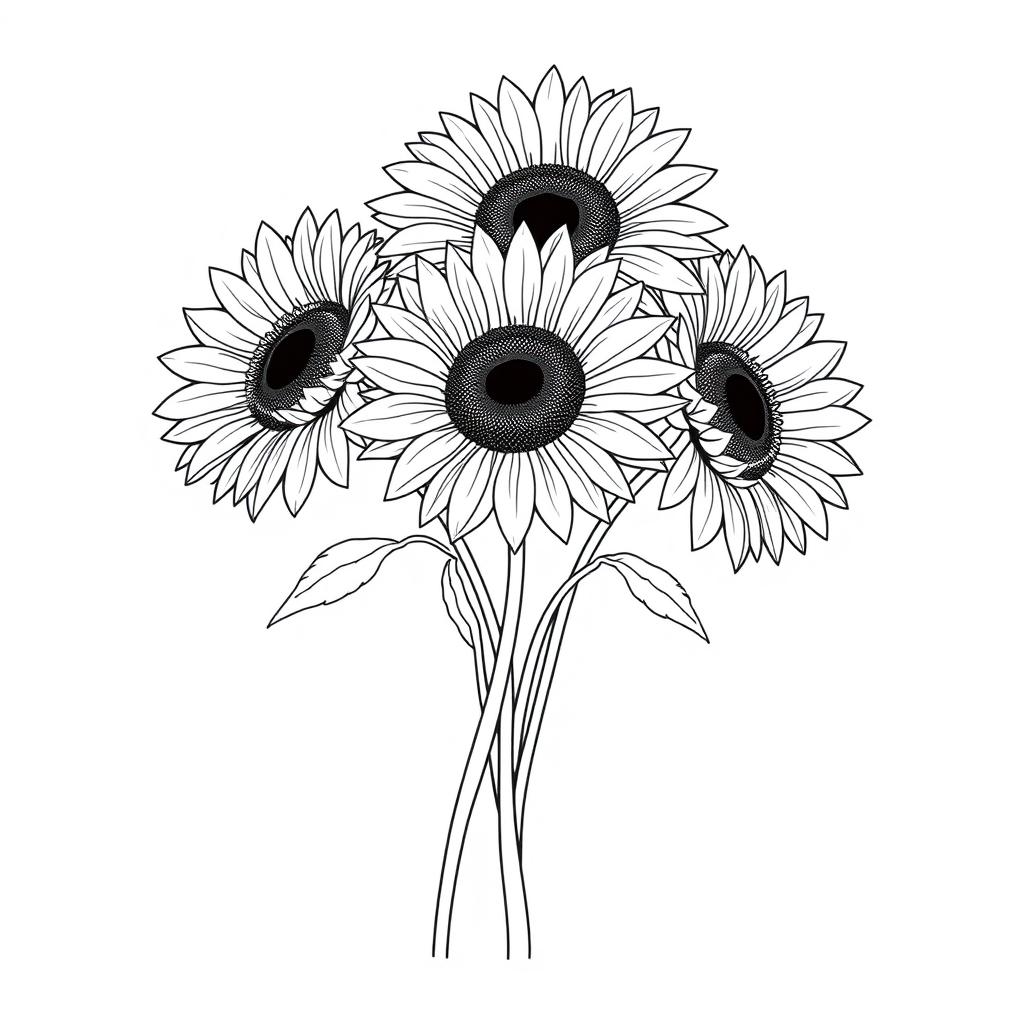 An illustration of a bouquet of five sunflowers, finely outlined