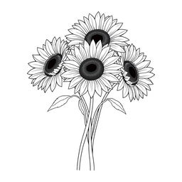 An illustration of a bouquet of five sunflowers, finely outlined