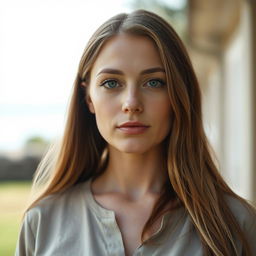 A 33-year-old woman with light skin and long hair, styled naturally with minimal makeup