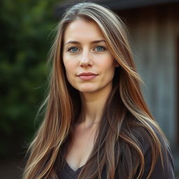 A 33-year-old woman with light skin and long hair, styled naturally with minimal makeup