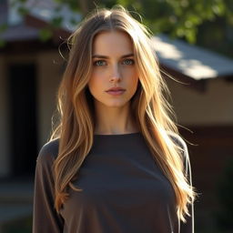 A 27-year-old woman with light skin and long hair, styled naturally with minimal makeup