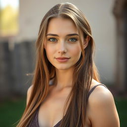 A 27-year-old woman with light skin and long hair, styled naturally with minimal makeup
