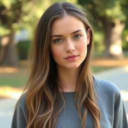 A 27-year-old woman with light skin and long hair, styled naturally with minimal makeup
