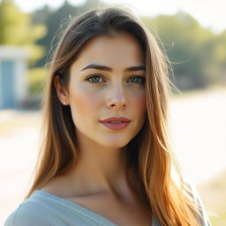 A 35-year-old woman with light skin and long hair, styled naturally with minimal makeup