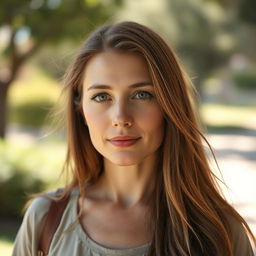 A 35-year-old woman with light skin and long hair, styled naturally with minimal makeup