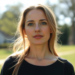 A 35-year-old woman with light skin and long hair, styled naturally with minimal makeup