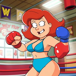Lois Griffin, a cartoon character from the animated series 'Family Guy', is depicted in a vibrant blue bikini engaged in a lively boxing match