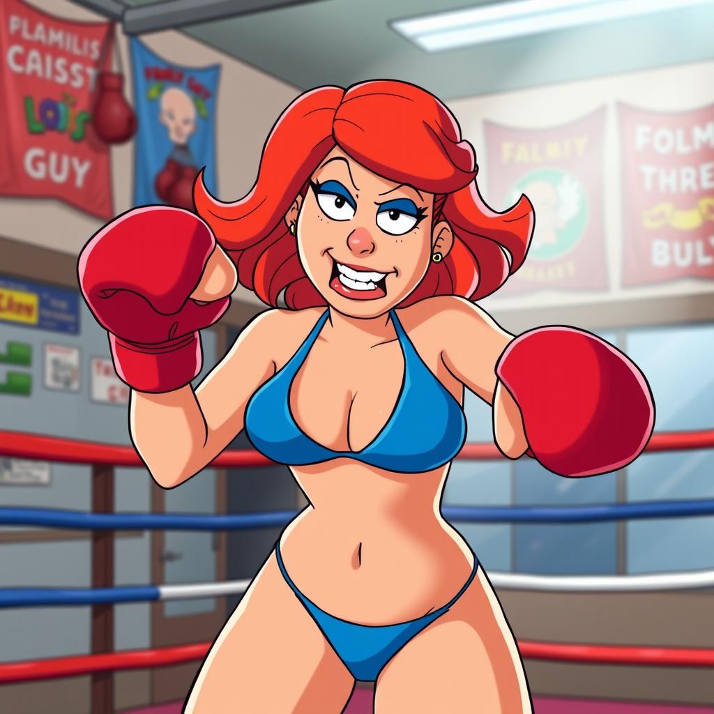 Lois Griffin, a cartoon character from the animated series 'Family Guy', is depicted in a vibrant blue bikini engaged in a lively boxing match