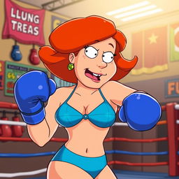 Lois Griffin, a cartoon character from the animated series 'Family Guy', is depicted in a vibrant blue bikini engaged in a lively boxing match