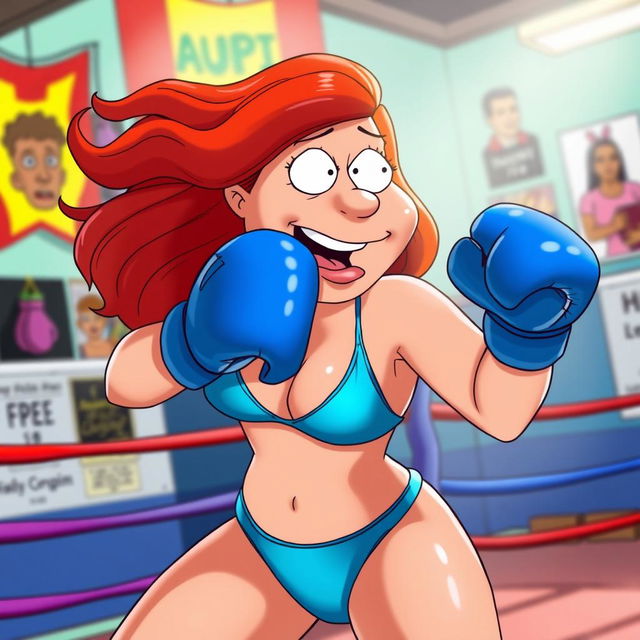 Lois Griffin, a cartoon character from the animated series 'Family Guy', is depicted in a vibrant blue bikini engaged in a lively boxing match