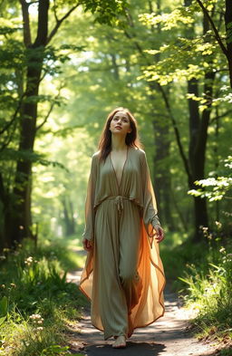 A serene and introspective scene of a woman on her path to self-awakening, walking along a tranquil forest path dappled with sunlight filtering through the leaves