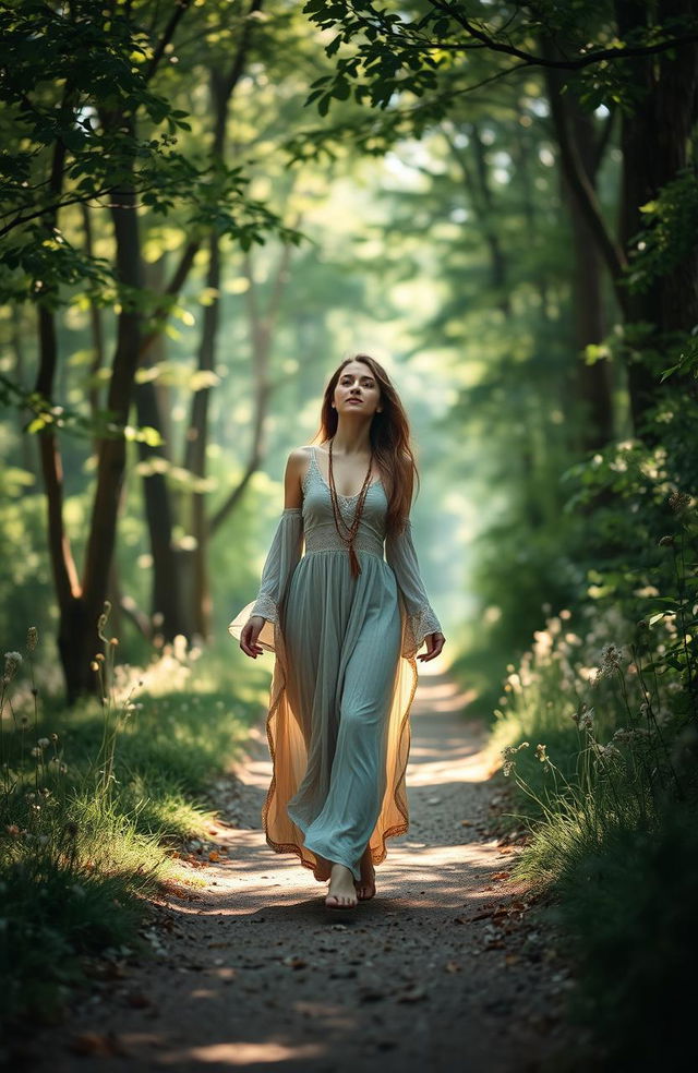 A serene and introspective scene of a woman on her path to self-awakening, walking along a tranquil forest path dappled with sunlight filtering through the leaves