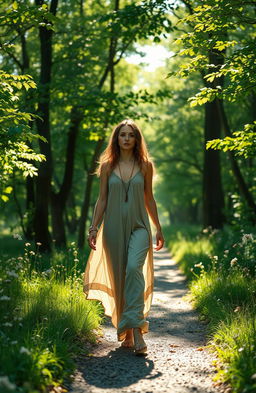 A serene and introspective scene of a woman on her path to self-awakening, walking along a tranquil forest path dappled with sunlight filtering through the leaves