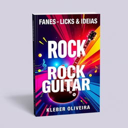 An eye-catching e-book cover for "Frases - Licks & Ideias - Rock Guitar" by Kleber Oliveira, featuring vibrant rock-inspired graphics, an electric guitar prominently displayed, neon colors like red, blue, and yellow, and dynamic abstract shapes that evoke a sense of energy and excitement