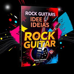 An eye-catching e-book cover for "Frases - Licks & Ideias - Rock Guitar" by Kleber Oliveira, featuring vibrant rock-inspired graphics, an electric guitar prominently displayed, neon colors like red, blue, and yellow, and dynamic abstract shapes that evoke a sense of energy and excitement