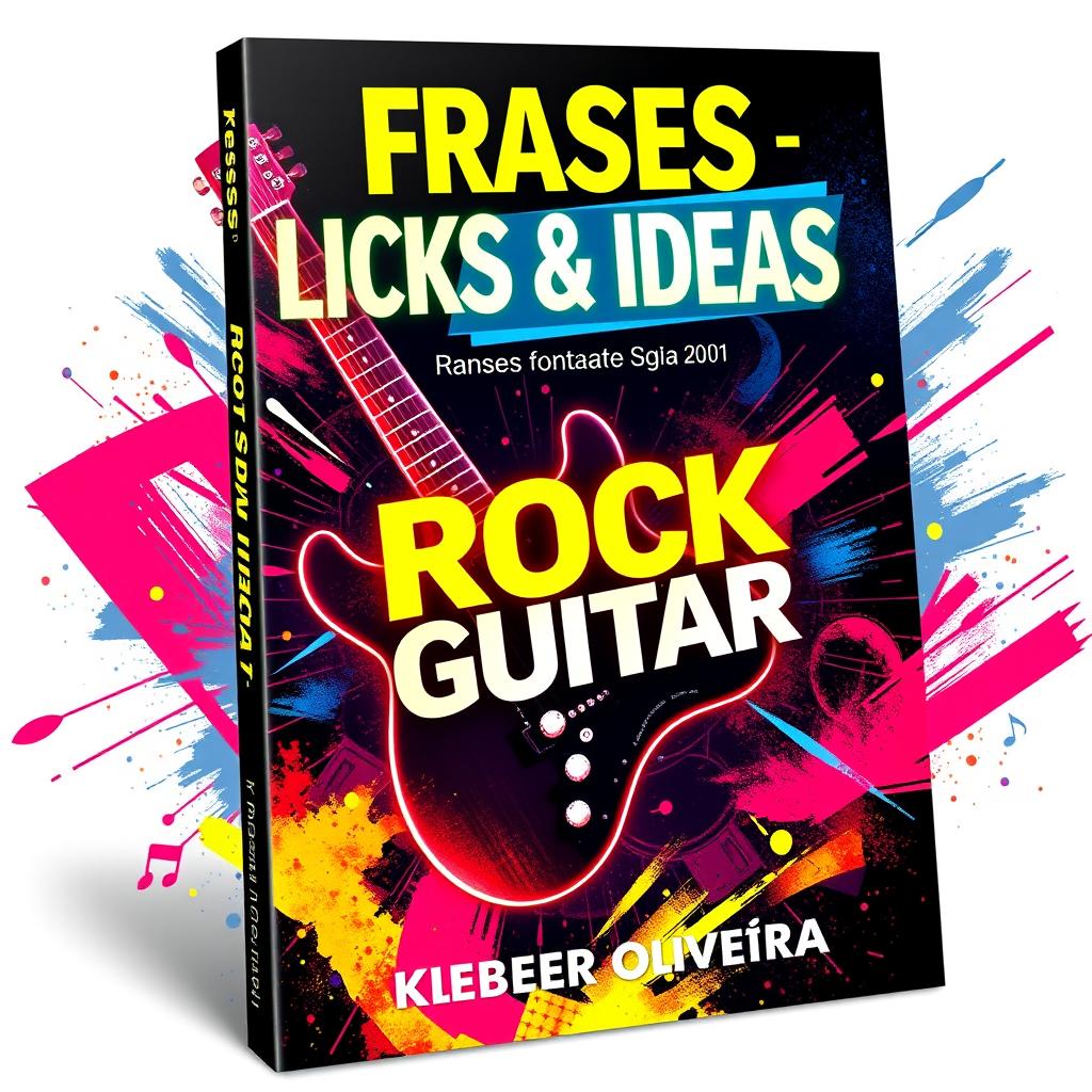 An eye-catching e-book cover for "Frases - Licks & Ideias - Rock Guitar" by Kleber Oliveira, featuring vibrant rock-inspired graphics, an electric guitar prominently displayed, neon colors like red, blue, and yellow, and dynamic abstract shapes that evoke a sense of energy and excitement