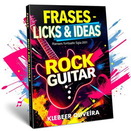 An eye-catching e-book cover for "Frases - Licks & Ideias - Rock Guitar" by Kleber Oliveira, featuring vibrant rock-inspired graphics, an electric guitar prominently displayed, neon colors like red, blue, and yellow, and dynamic abstract shapes that evoke a sense of energy and excitement